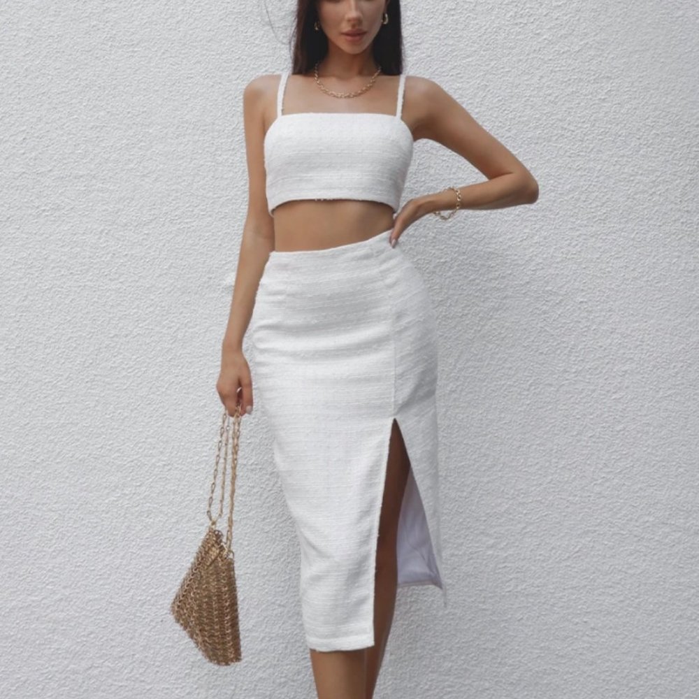 White Textured Midi Skirt